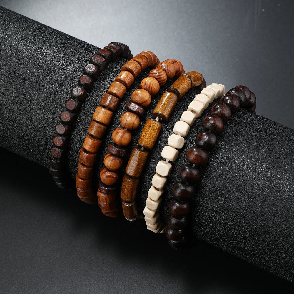 Conjunto 4 Pulseiras Masculinas de Couro Trançado – Vintage Tribal com Contas e Árvore da Vida