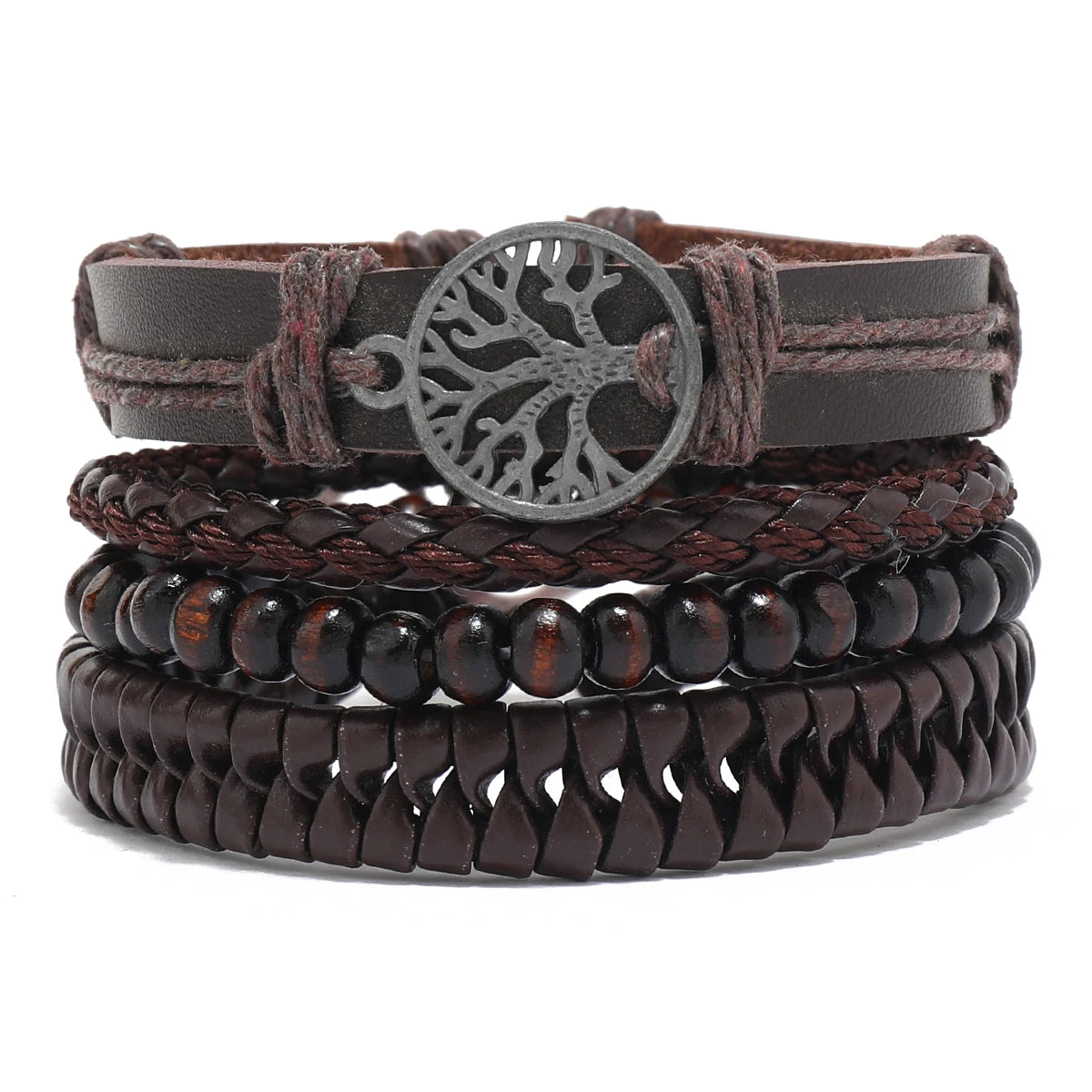 Conjunto 4 Pulseiras Masculinas de Couro Trançado – Vintage Tribal com Contas e Árvore da Vida