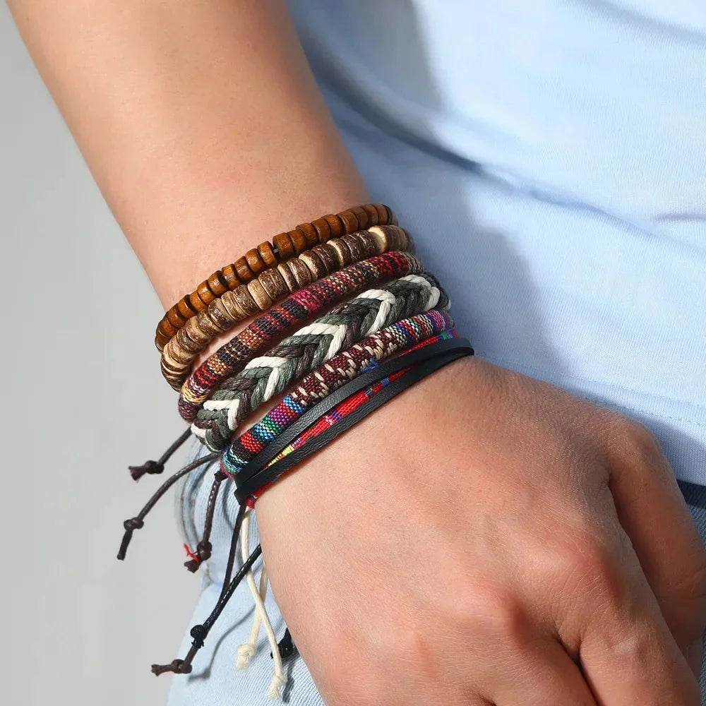 Conjunto 4 Pulseiras Masculinas de Couro Trançado – Vintage Tribal com Contas e Árvore da Vida