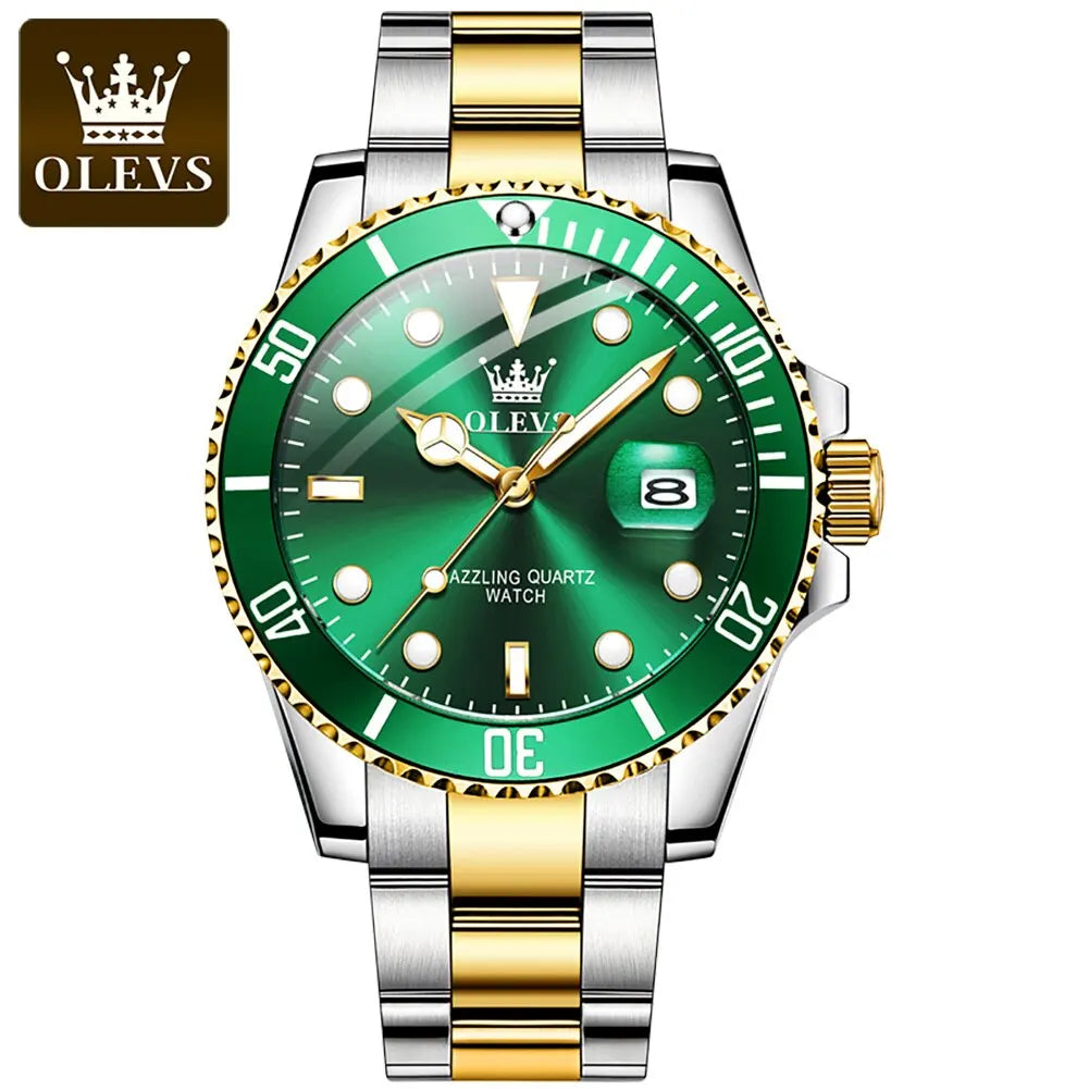 Relógio Masculino OLEVS Luxo – Quartzo Verde em Aço Inoxidável com Calendário e à Prova d’Água