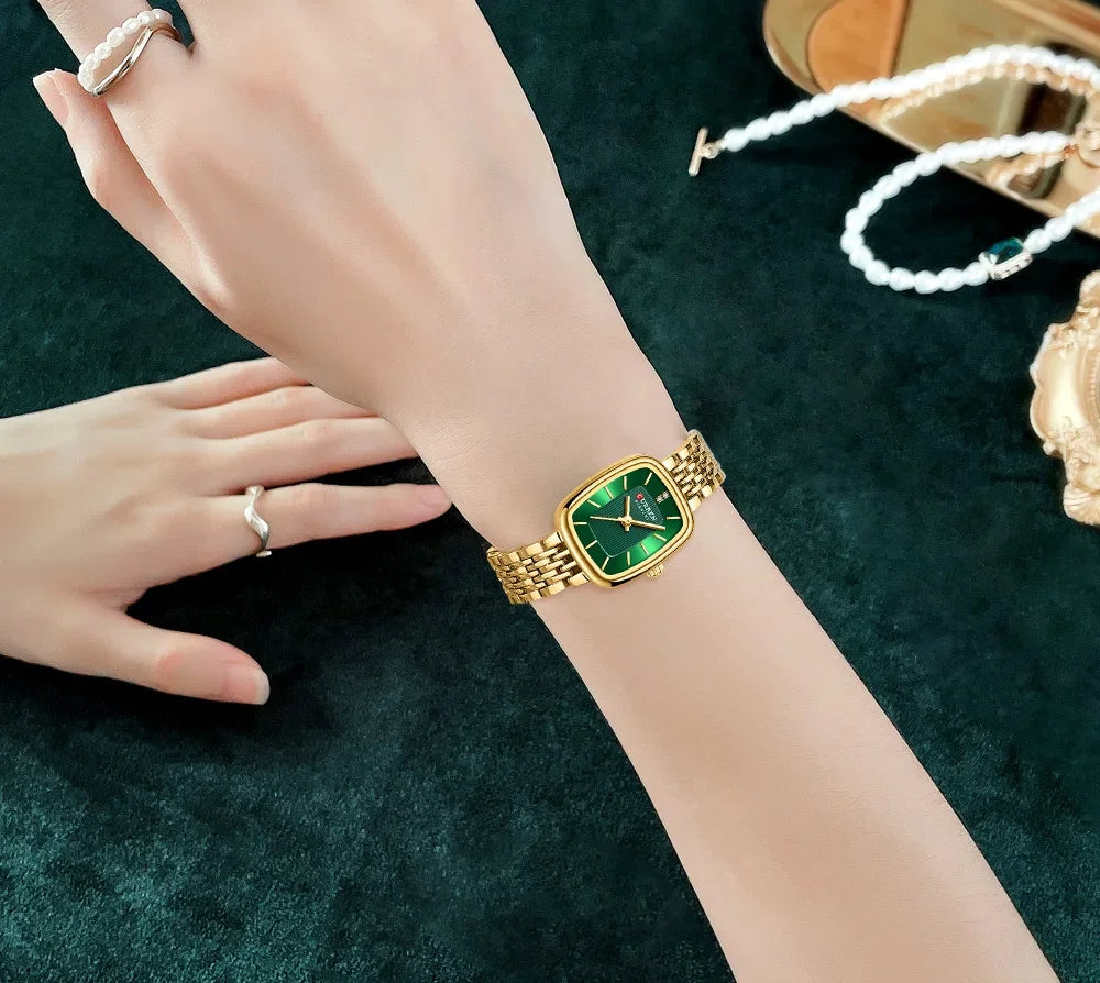 Relógio Feminino CURREN Quartz – Fashion em Aço Inoxidável com Design Retangular e Resistente à Água