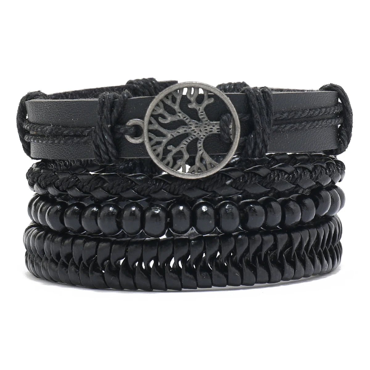 Conjunto 4 Pulseiras Masculinas de Couro Trançado – Vintage Tribal com Contas e Árvore da Vida