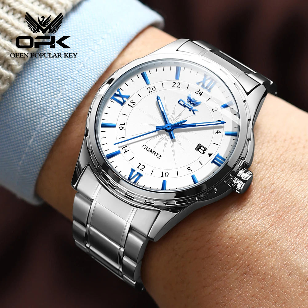 Relógio Masculino OPK 6003 – Quartz com Pulseira de Aço Inoxidável e Calendário Duplo