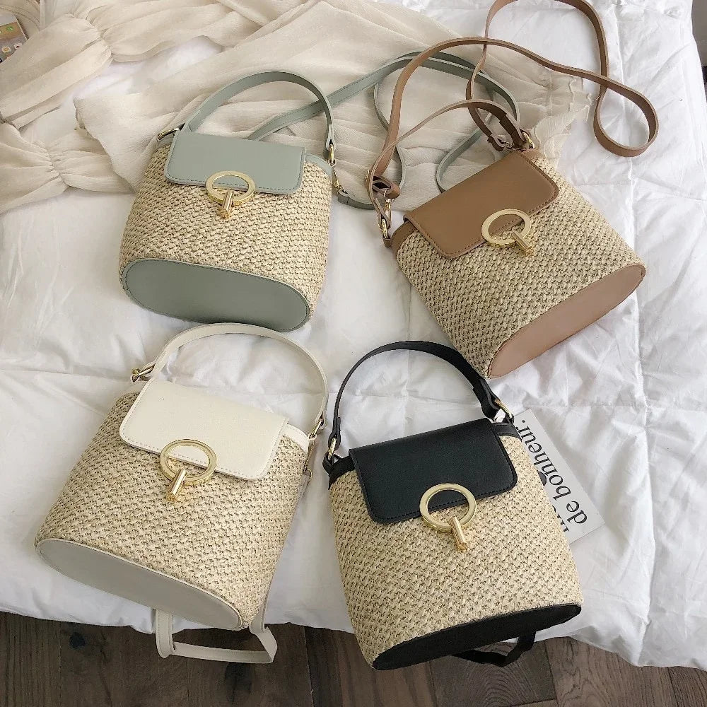 Bolsa Feminina de Palha para Praia 2026 – Estilo Coreano Bucket Crossbody Versátil