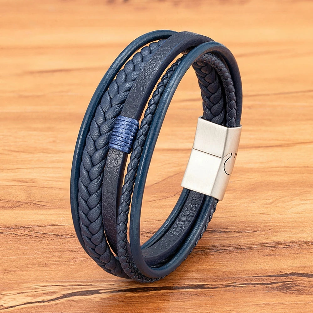 Pulseira Masculina XQNI Luxo em Couro Trançado – Multicamadas com Aço Inoxidável