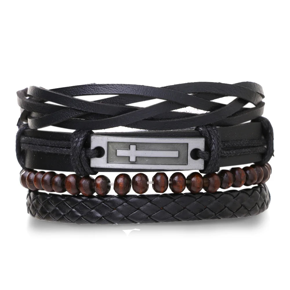 Conjunto 4 Pulseiras Masculinas de Couro Trançado – Vintage Tribal com Contas e Árvore da Vida