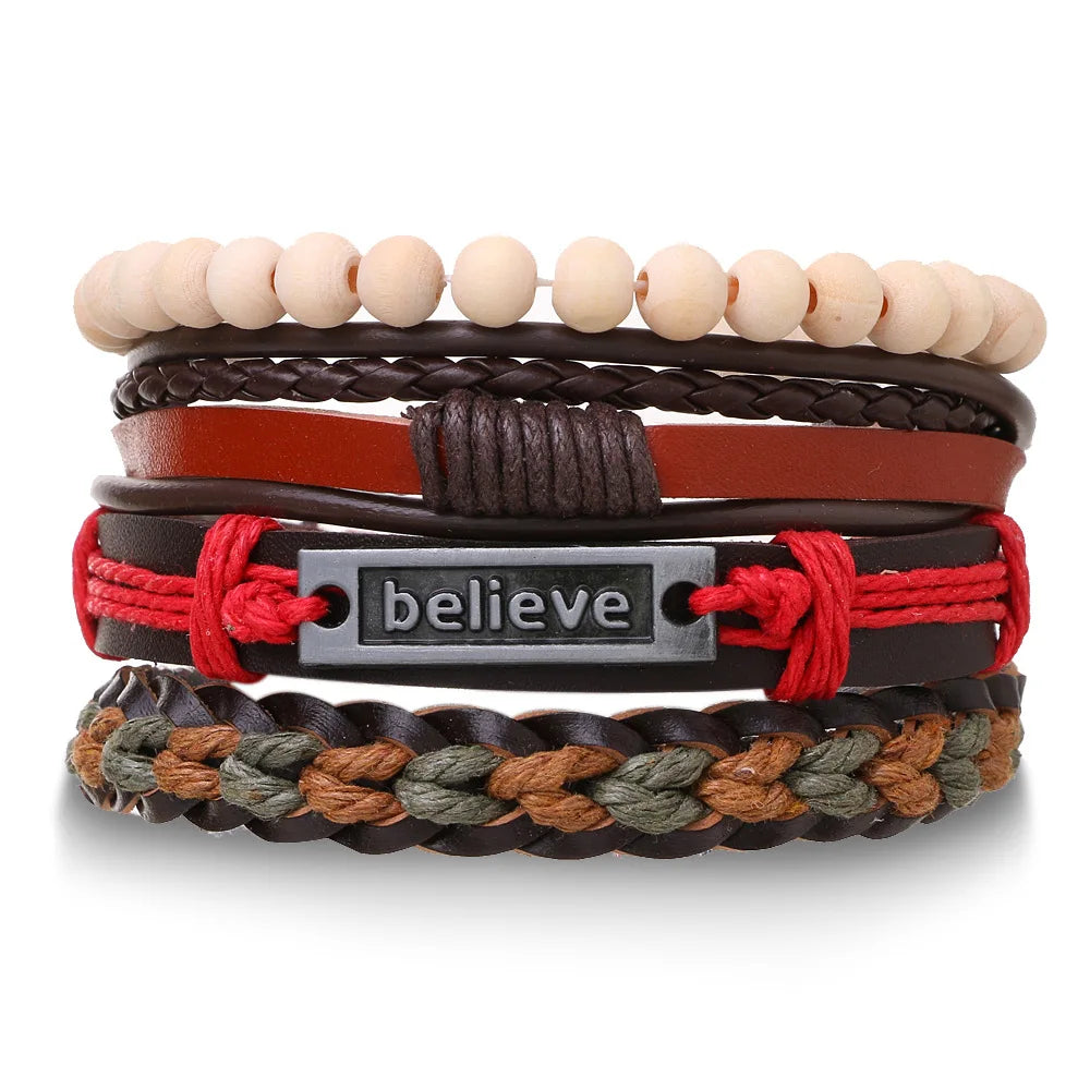 Conjunto 4 Pulseiras Masculinas de Couro Trançado – Vintage Tribal com Contas e Árvore da Vida