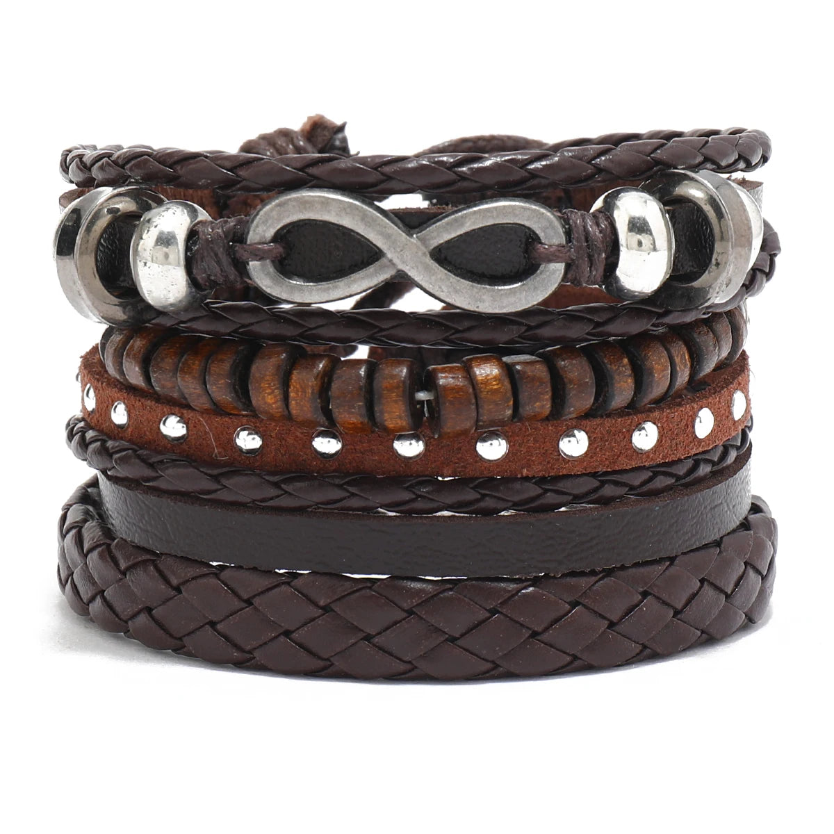 Conjunto 4 Pulseiras Masculinas de Couro Trançado – Vintage Tribal com Contas e Árvore da Vida