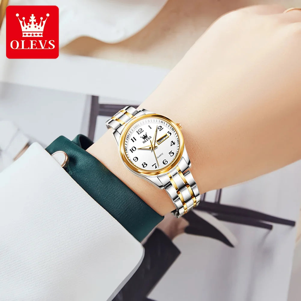 Relógio Feminino OLEVS Quartz – Luxo com Pulseira de Aço Inoxidável, Data e Ponteiros Luminosos