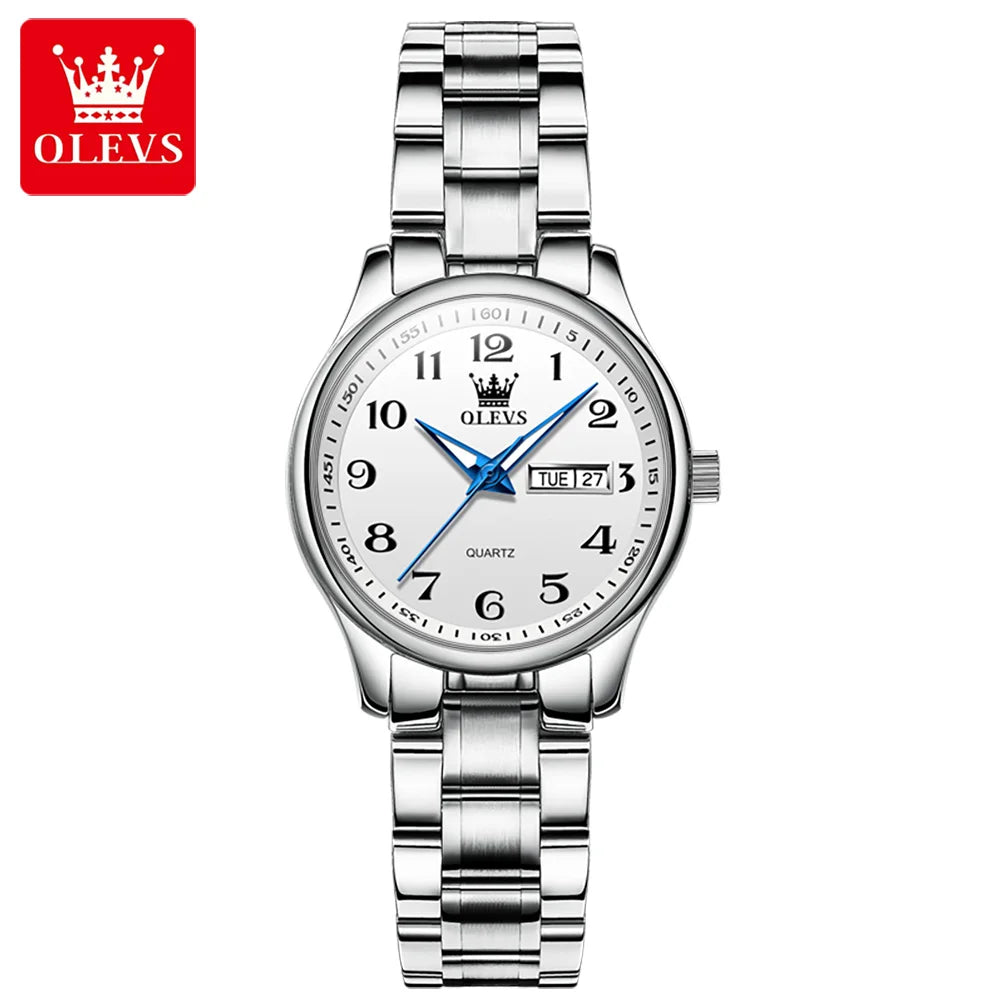 Relógio Feminino OLEVS Quartz – Luxo com Pulseira de Aço Inoxidável, Data e Ponteiros Luminosos