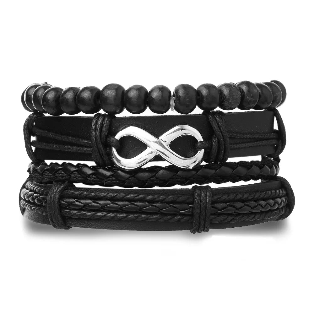 Conjunto 4 Pulseiras Masculinas de Couro Trançado – Vintage Tribal com Contas e Árvore da Vida