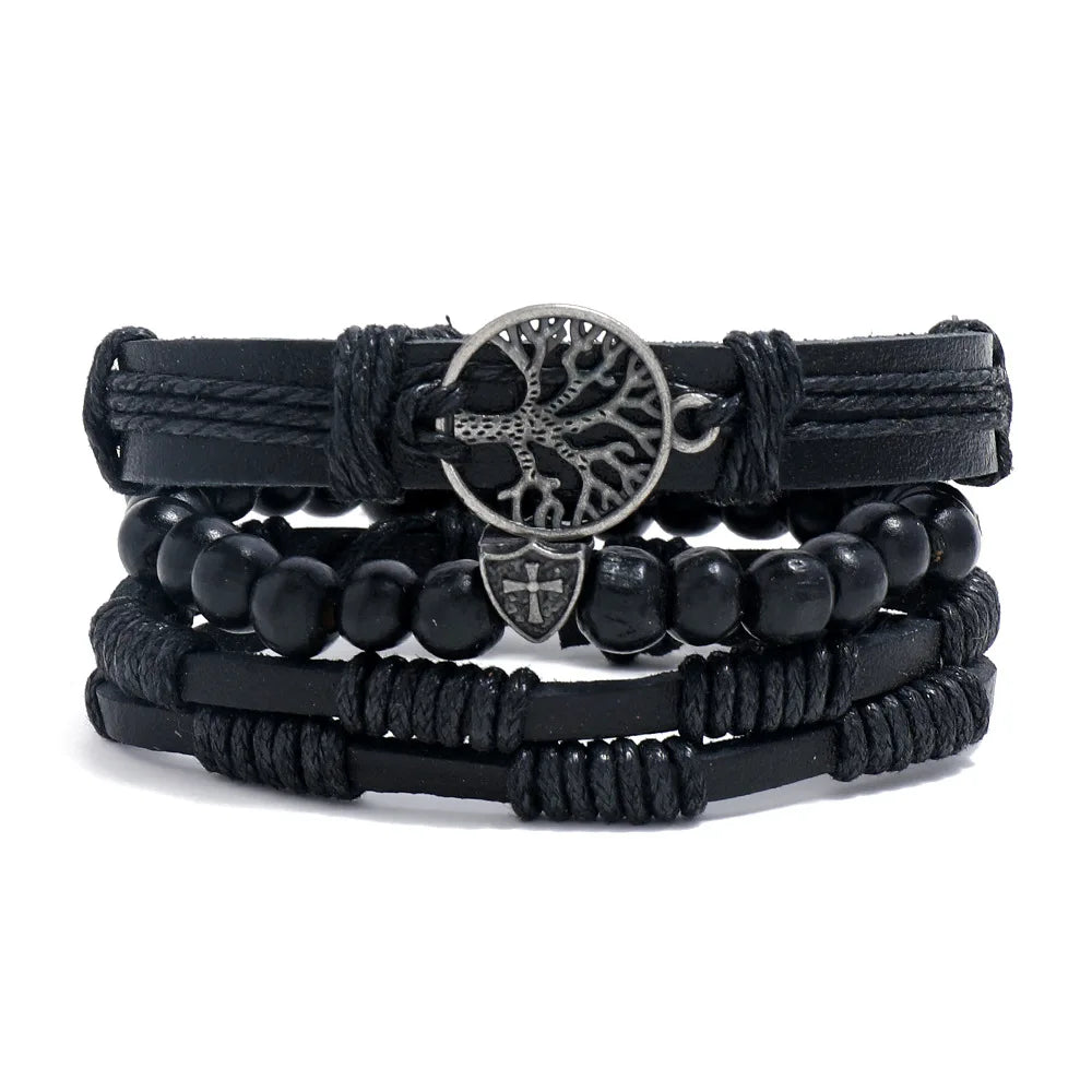 Conjunto 4 Pulseiras Masculinas de Couro Trançado – Vintage Tribal com Contas e Árvore da Vida