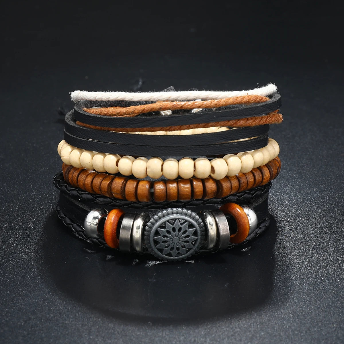 Conjunto 4 Pulseiras Masculinas de Couro Trançado – Vintage Tribal com Contas e Árvore da Vida