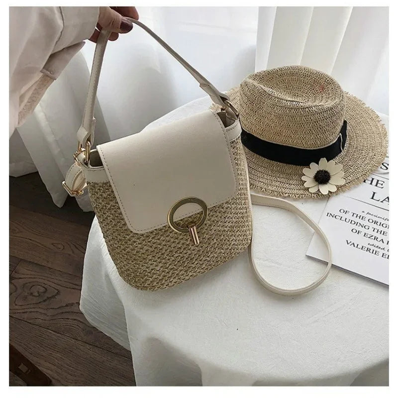 Bolsa Feminina de Palha para Praia 2026 – Estilo Coreano Bucket Crossbody Versátil