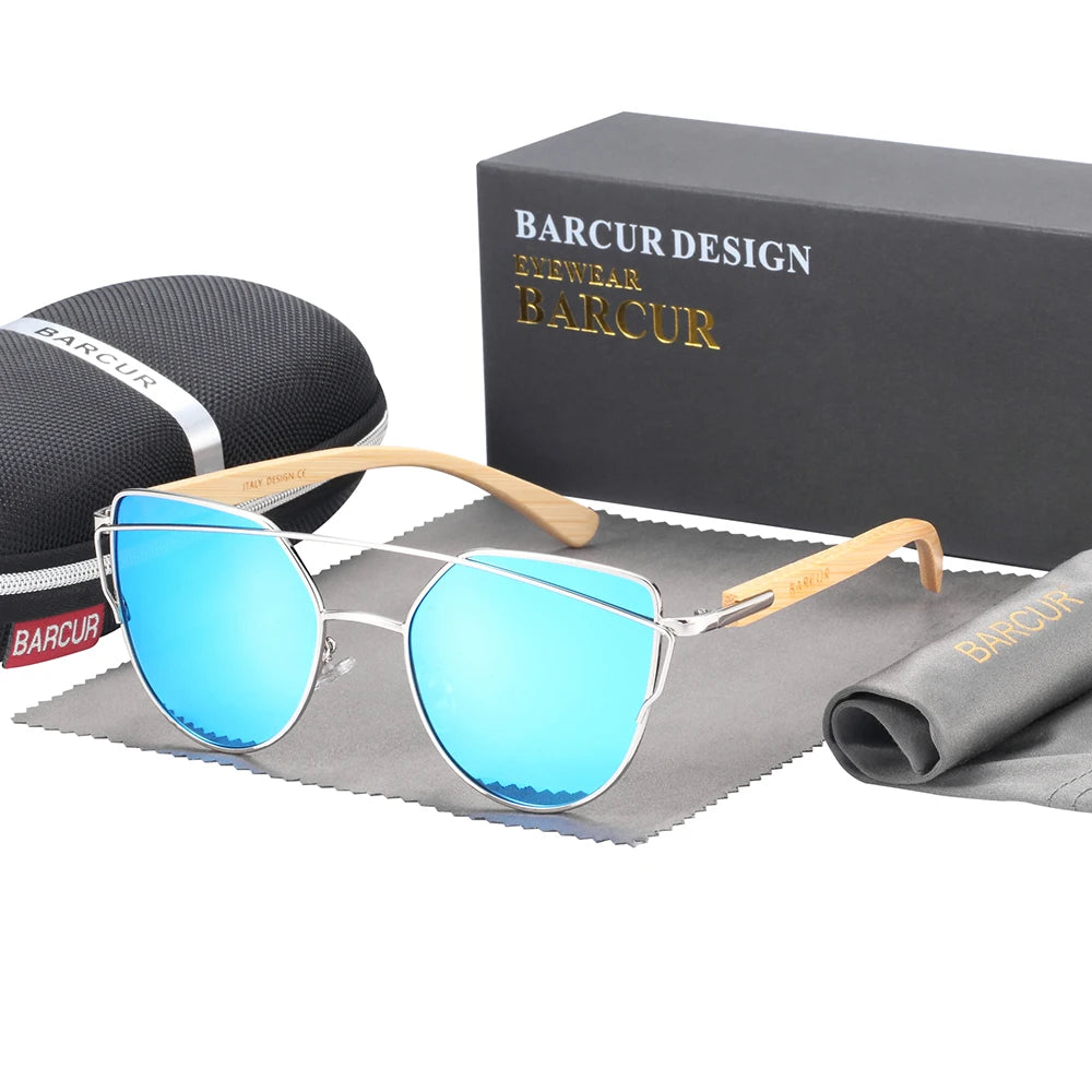 Óculos de Sol Feminino BARCUR Luxo – Polarizado Cat Eye com Metal e Bambu Natural