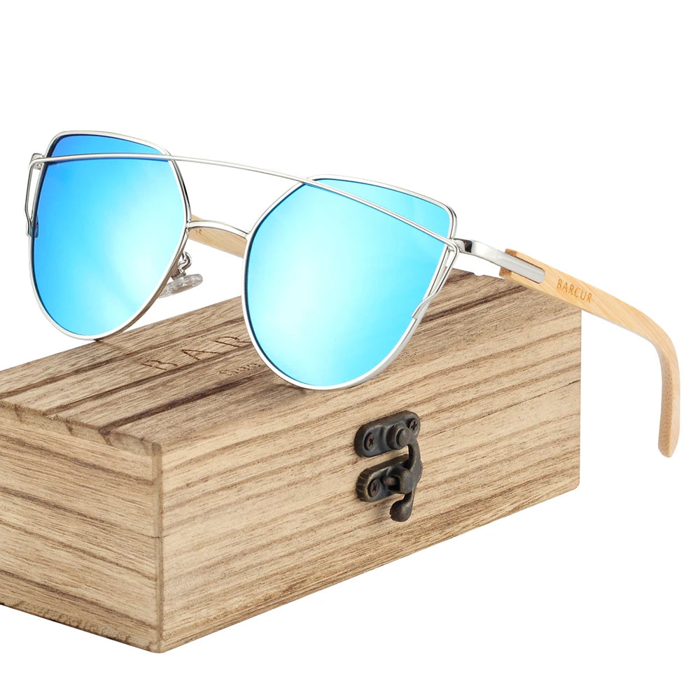 Óculos de Sol Feminino BARCUR Luxo – Polarizado Cat Eye com Metal e Bambu Natural
