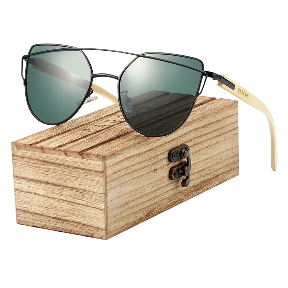 Óculos de Sol Feminino BARCUR Luxo – Polarizado Cat Eye com Metal e Bambu Natural