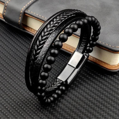 Pulseira Masculina Luxo 2026 em Couro e Aço Inoxidável – Fecho Magnético e Pedras Naturais
