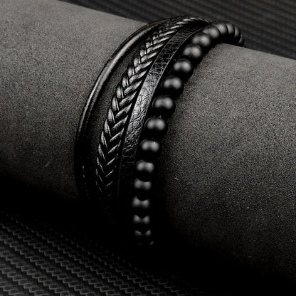 Pulseira Masculina Luxo 2026 em Couro e Aço Inoxidável – Fecho Magnético e Pedras Naturais