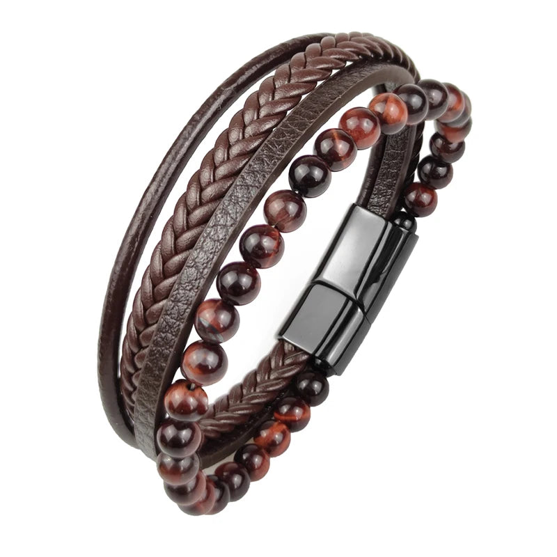 Pulseira Masculina Luxo 2026 em Couro e Aço Inoxidável – Fecho Magnético e Pedras Naturais
