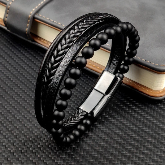 Pulseira Masculina Luxo 2026 em Couro e Aço Inoxidável – Fecho Magnético e Pedras Naturais