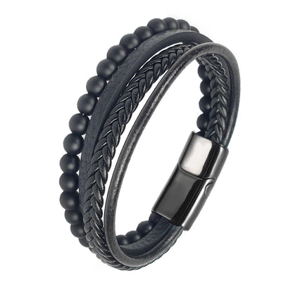 Pulseira Masculina Luxo 2026 em Couro e Aço Inoxidável – Fecho Magnético e Pedras Naturais