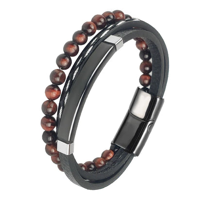 Pulseira Masculina Luxo 2026 em Couro e Aço Inoxidável – Fecho Magnético e Pedras Naturais