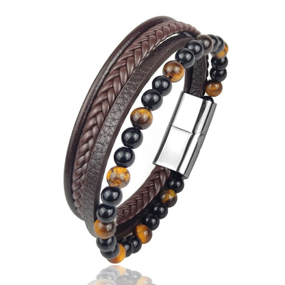 Pulseira Masculina Luxo 2026 em Couro e Aço Inoxidável – Fecho Magnético e Pedras Naturais