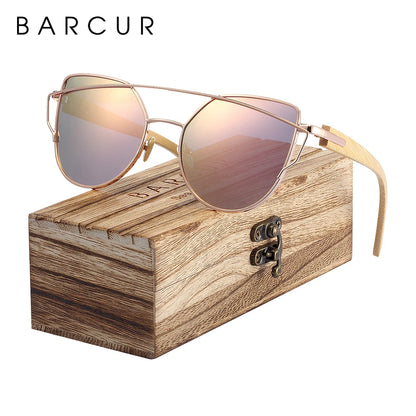 Óculos de Sol Feminino BARCUR Luxo – Polarizado Cat Eye com Metal e Bambu Natural