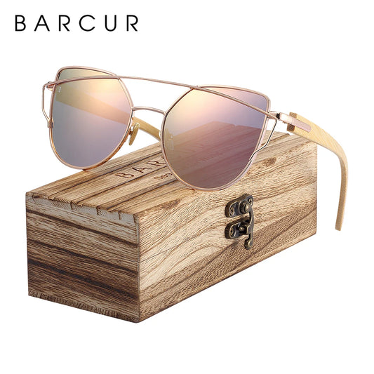 Óculos de Sol Feminino BARCUR Luxo – Polarizado Cat Eye com Metal e Bambu Natural