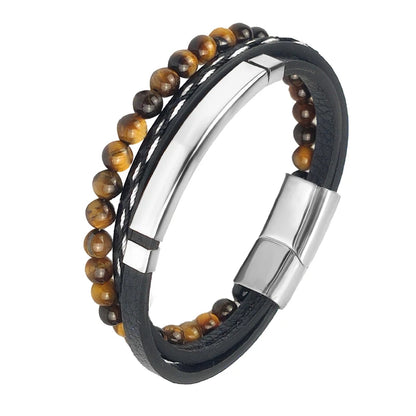 Pulseira Masculina Luxo 2026 em Couro e Aço Inoxidável – Fecho Magnético e Pedras Naturais