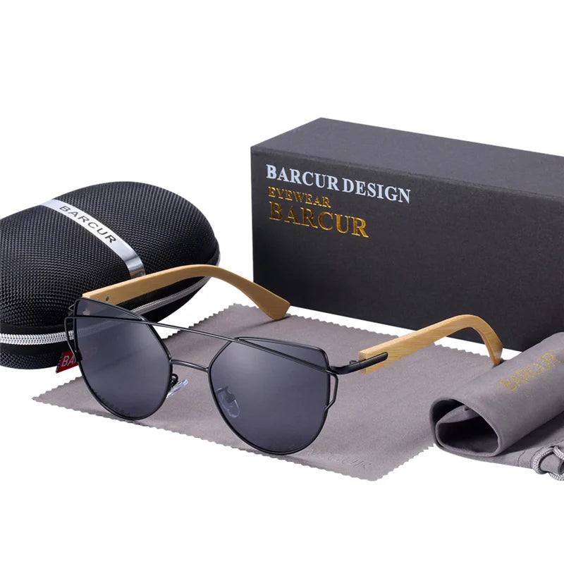 Óculos de Sol Feminino BARCUR Luxo – Polarizado Cat Eye com Metal e Bambu Natural