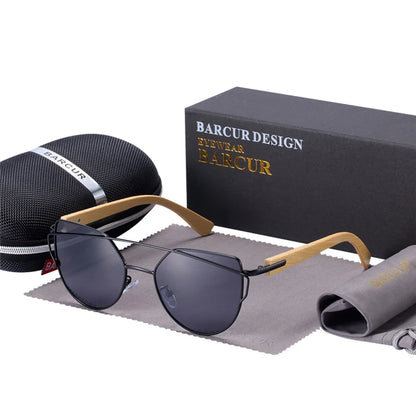 Óculos de Sol Feminino BARCUR Luxo – Polarizado Cat Eye com Metal e Bambu Natural