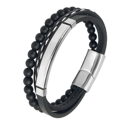 Pulseira Masculina Luxo 2026 em Couro e Aço Inoxidável – Fecho Magnético e Pedras Naturais