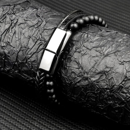 Pulseira Masculina Luxo 2026 em Couro e Aço Inoxidável – Fecho Magnético e Pedras Naturais