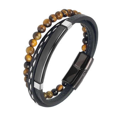 Pulseira Masculina Luxo 2026 em Couro e Aço Inoxidável – Fecho Magnético e Pedras Naturais
