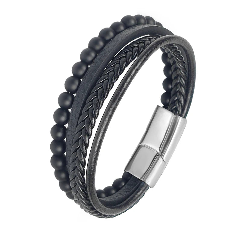 Pulseira Masculina Luxo 2026 em Couro e Aço Inoxidável – Fecho Magnético e Pedras Naturais