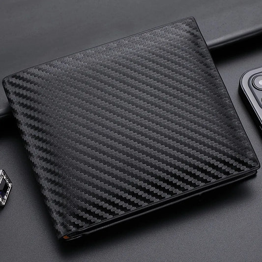 Carteira Curta Masculina de Fibra de Carbono com Zíper e Porta-Moedas – Porta-Cartões de Couro PU Casual