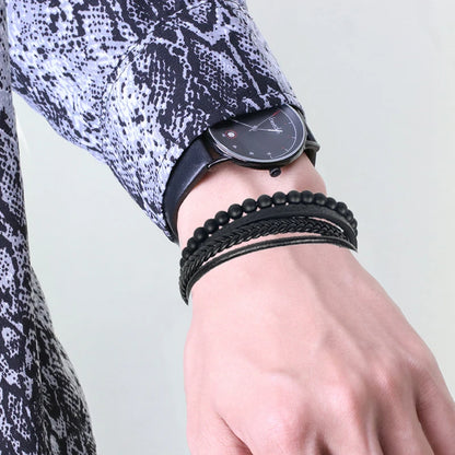 Pulseira Masculina Luxo 2026 em Couro e Aço Inoxidável – Fecho Magnético e Pedras Naturais