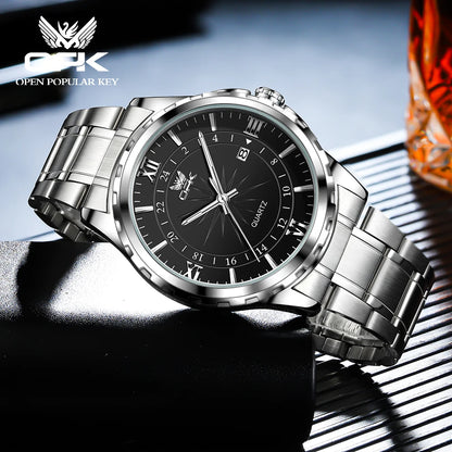Relógio Masculino OPK 6003 – Quartz com Pulseira de Aço Inoxidável e Calendário Duplo