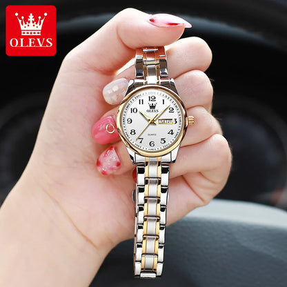 Relógio Feminino OLEVS Quartz – Luxo com Pulseira de Aço Inoxidável, Data e Ponteiros Luminosos