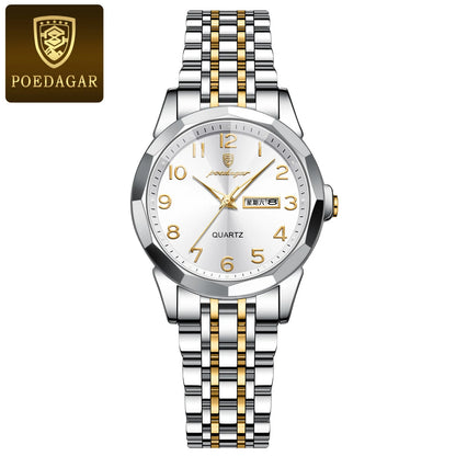 Relógio Feminino POEDAGAR Quartz – À Prova d’Água, Aço Inoxidável, Luminoso com Data e Dia da Semana