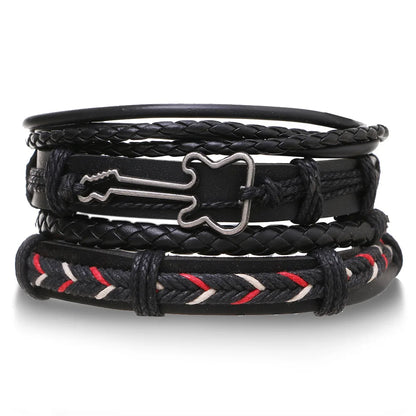 Conjunto 4 Pulseiras Masculinas de Couro Trançado – Vintage Tribal com Contas e Árvore da Vida