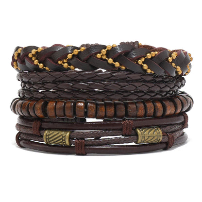 Conjunto 4 Pulseiras Masculinas de Couro Trançado – Vintage Tribal com Contas e Árvore da Vida