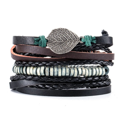 Conjunto 4 Pulseiras Masculinas de Couro Trançado – Vintage Tribal com Contas e Árvore da Vida