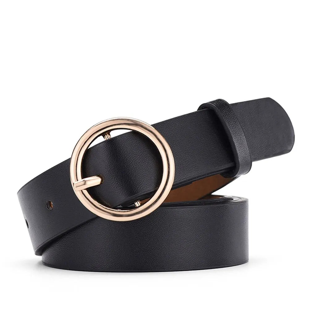 Cinto Feminino de Moda com Fivela Dourada Redonda – Couro PU Macio para Jeans e Calças, Estilo Fashion Econômico