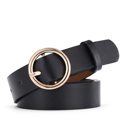 Cinto Feminino de Moda com Fivela Dourada Redonda – Couro PU Macio para Jeans e Calças, Estilo Fashion Econômico