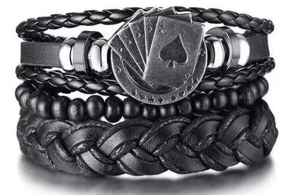 Conjunto 4 Pulseiras Masculinas de Couro Trançado – Vintage Tribal com Contas e Árvore da Vida