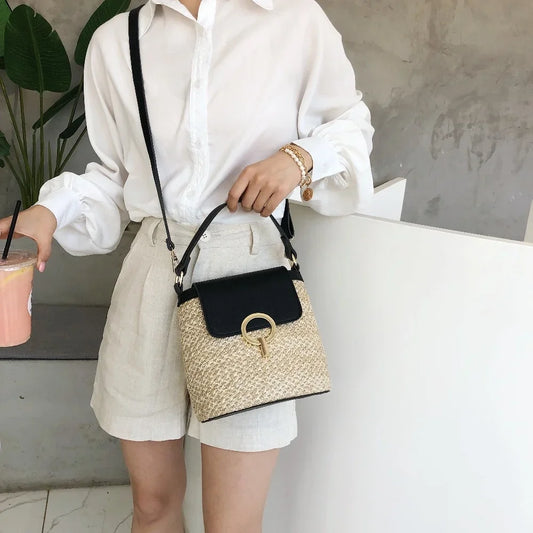 Bolsa Feminina de Palha para Praia 2026 – Estilo Coreano Bucket Crossbody Versátil