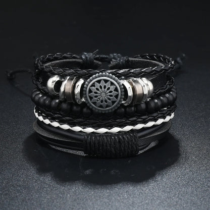 Conjunto 4 Pulseiras Masculinas de Couro Trançado – Vintage Tribal com Contas e Árvore da Vida
